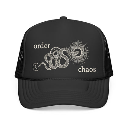 Chaos into Order Trucker Hat — Vintage Snake & Sun Graphic Cap