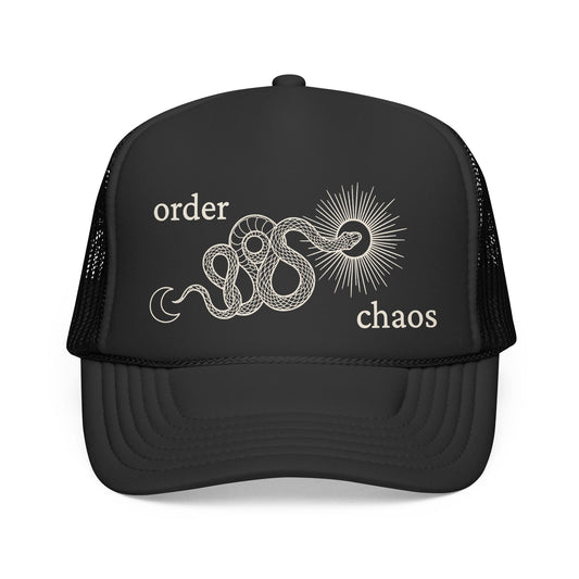 Chaos into Order Trucker Hat — Vintage Snake & Sun Graphic Cap