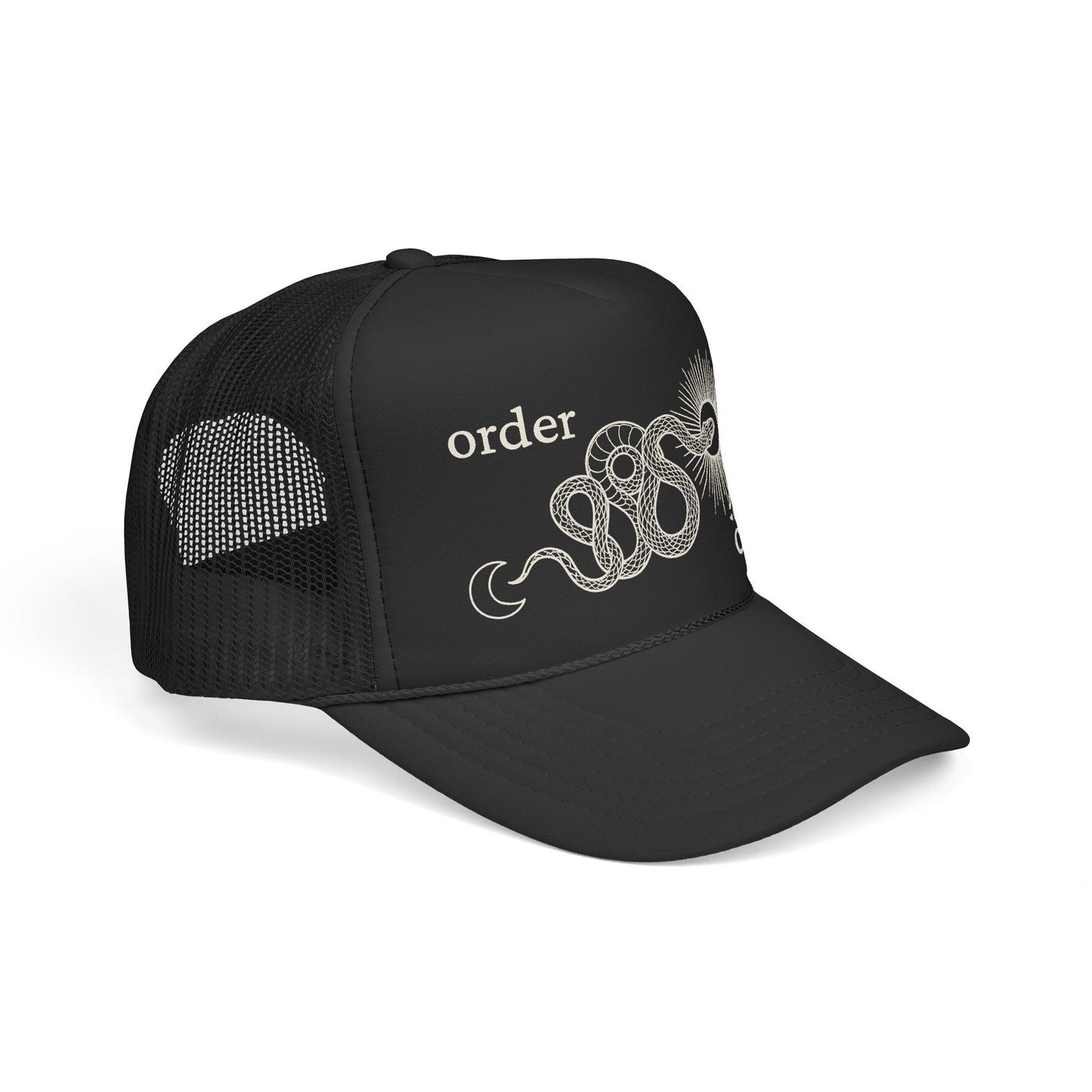 Chaos into Order Trucker Hat — Vintage Snake & Sun Graphic Cap